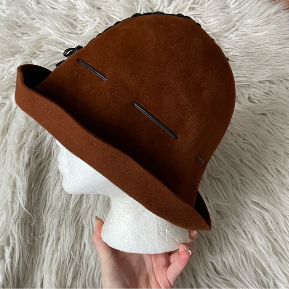Christine A. Moore Colorblock Brown Black Felt Leather Whipstitch Hat One Size